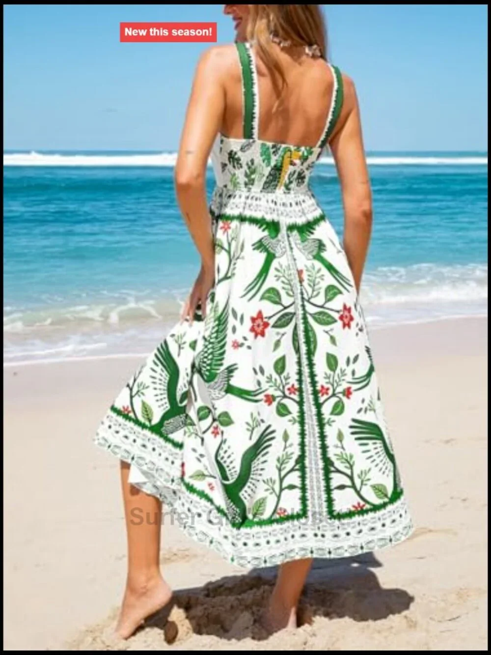 Sleeveless Square Neck Tropical Maxi Dress with Elastic Waist - A-Line Flowy